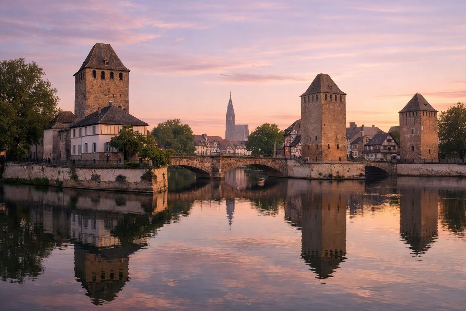 Vue large des Ponts Couverts de Strasbourg au lever du soleil, avec les trois tours médiévales et les reflets calmes de l’Ill.