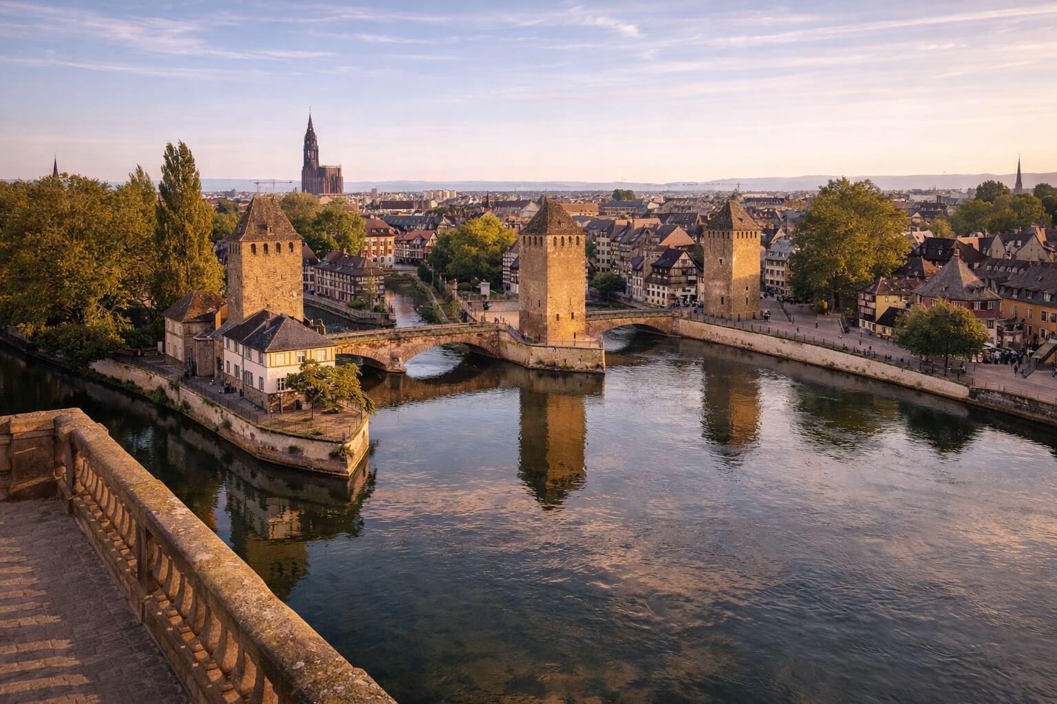 Vue panoramique depuis le Barrage Vauban sur les Ponts Couverts et la Petite France à Strasbourg.