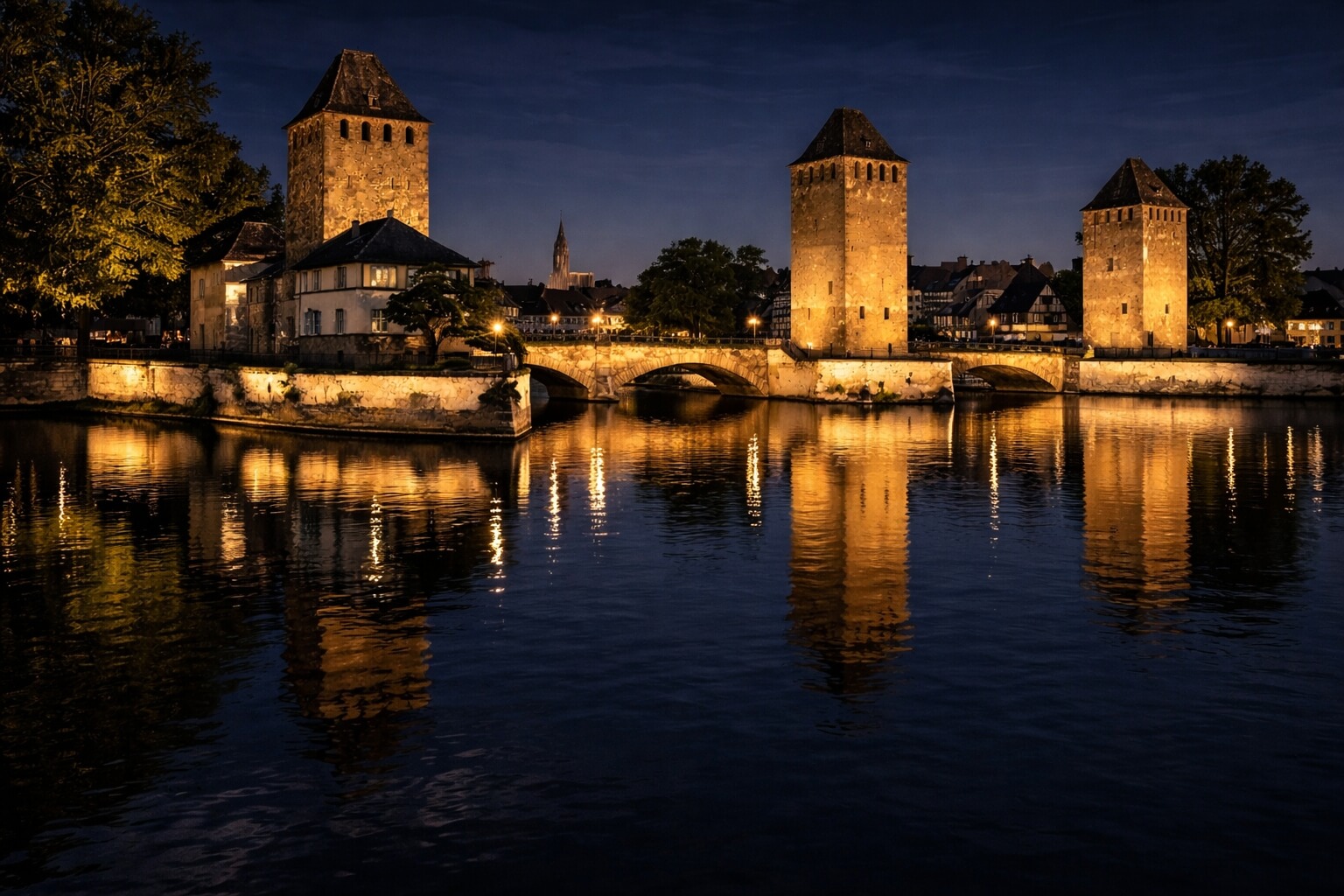 Les Ponts Couverts illuminés la nuit, avec les tours et les ponts se détachant dans une ambiance mystérieuse.