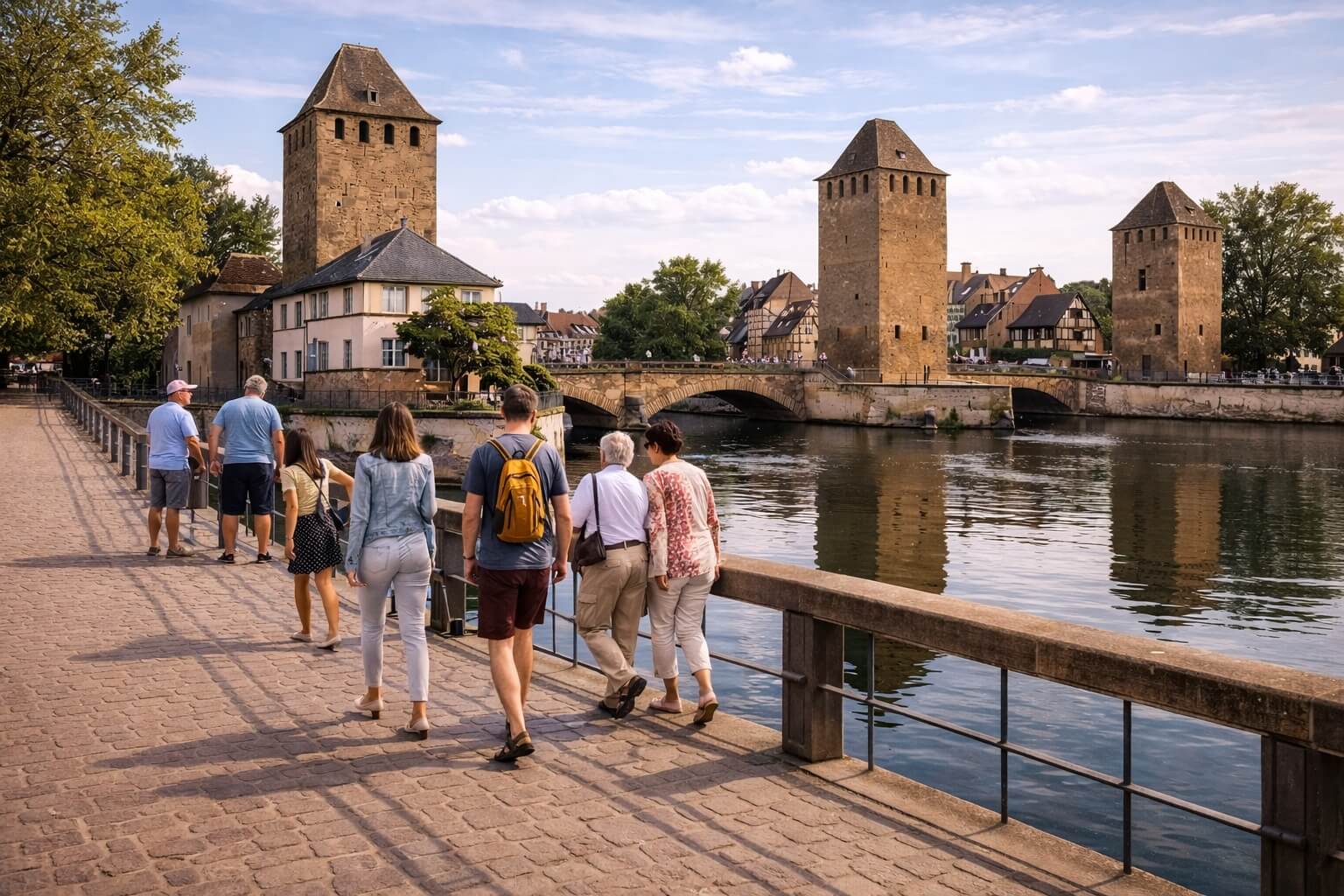 Quelques visiteurs marchant sur les Ponts Couverts dans une ambiance tranquille au cœur de Strasbourg.
