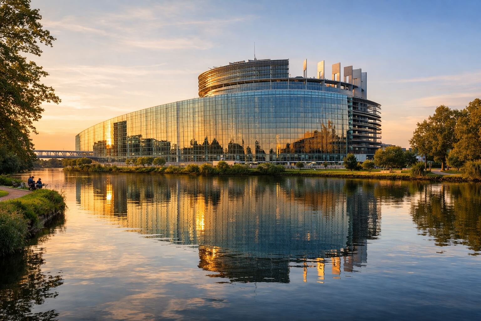 Vue panoramique du Parlement européen de Strasbourg se reflétant dans l’eau, sous une lumière douce de fin de journée.