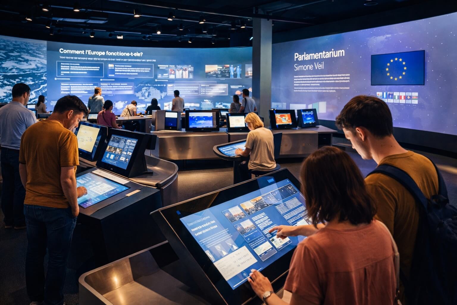 Quelques visiteurs explorent des dispositifs interactifs dans l’espace d’exposition du Parlamentarium Simone Veil.