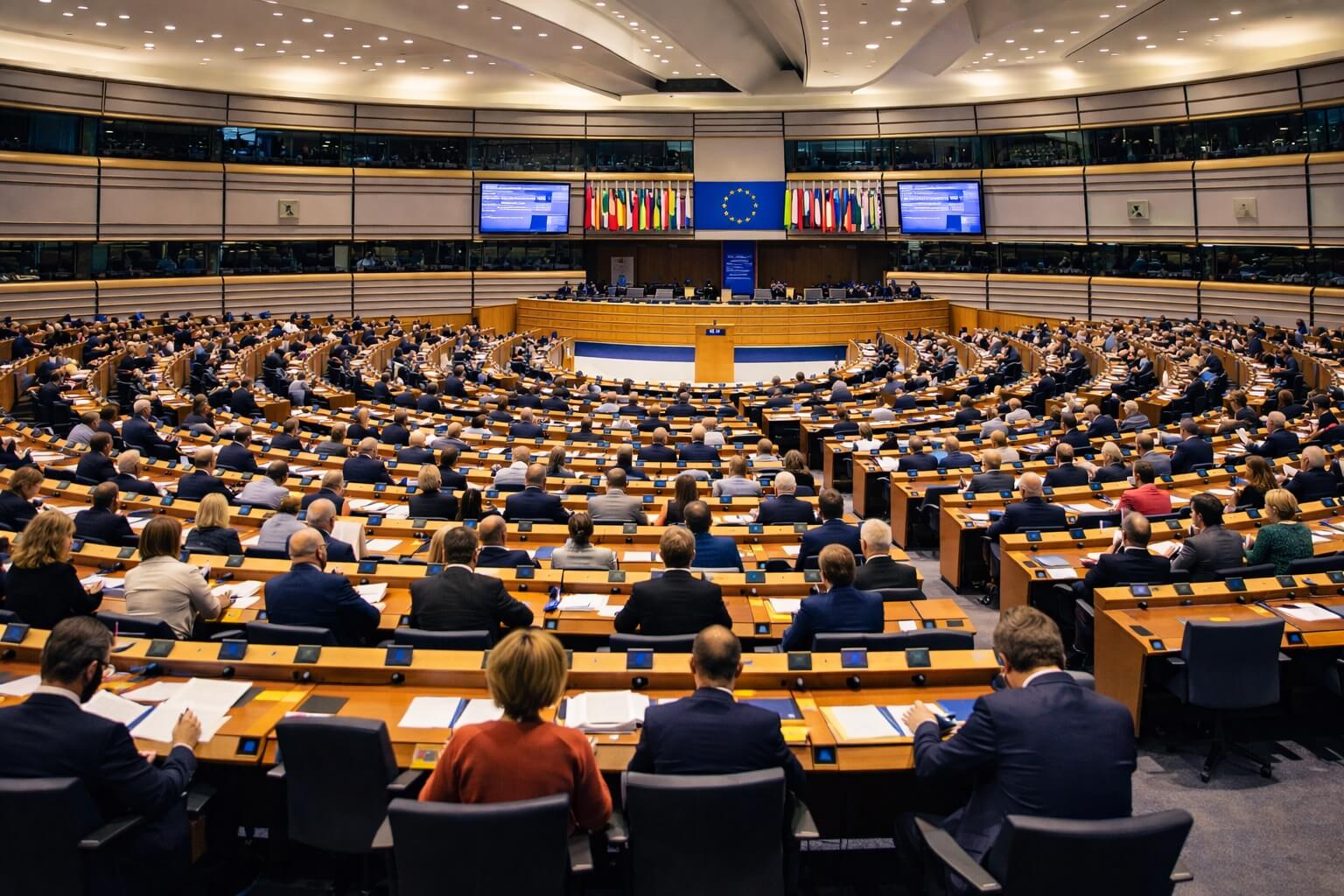 Vue de l’hémicycle occupé pendant une session plénière, dans une atmosphère institutionnelle vivante