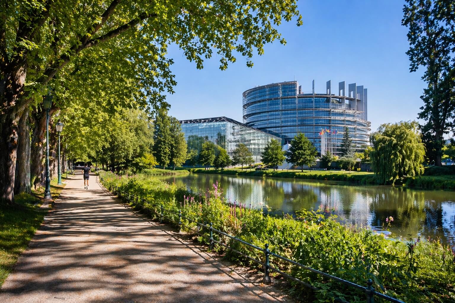 Illustration évoquant la proximité entre le Parlement européen et le parc de l’Orangerie dans un cadre verdoyant.