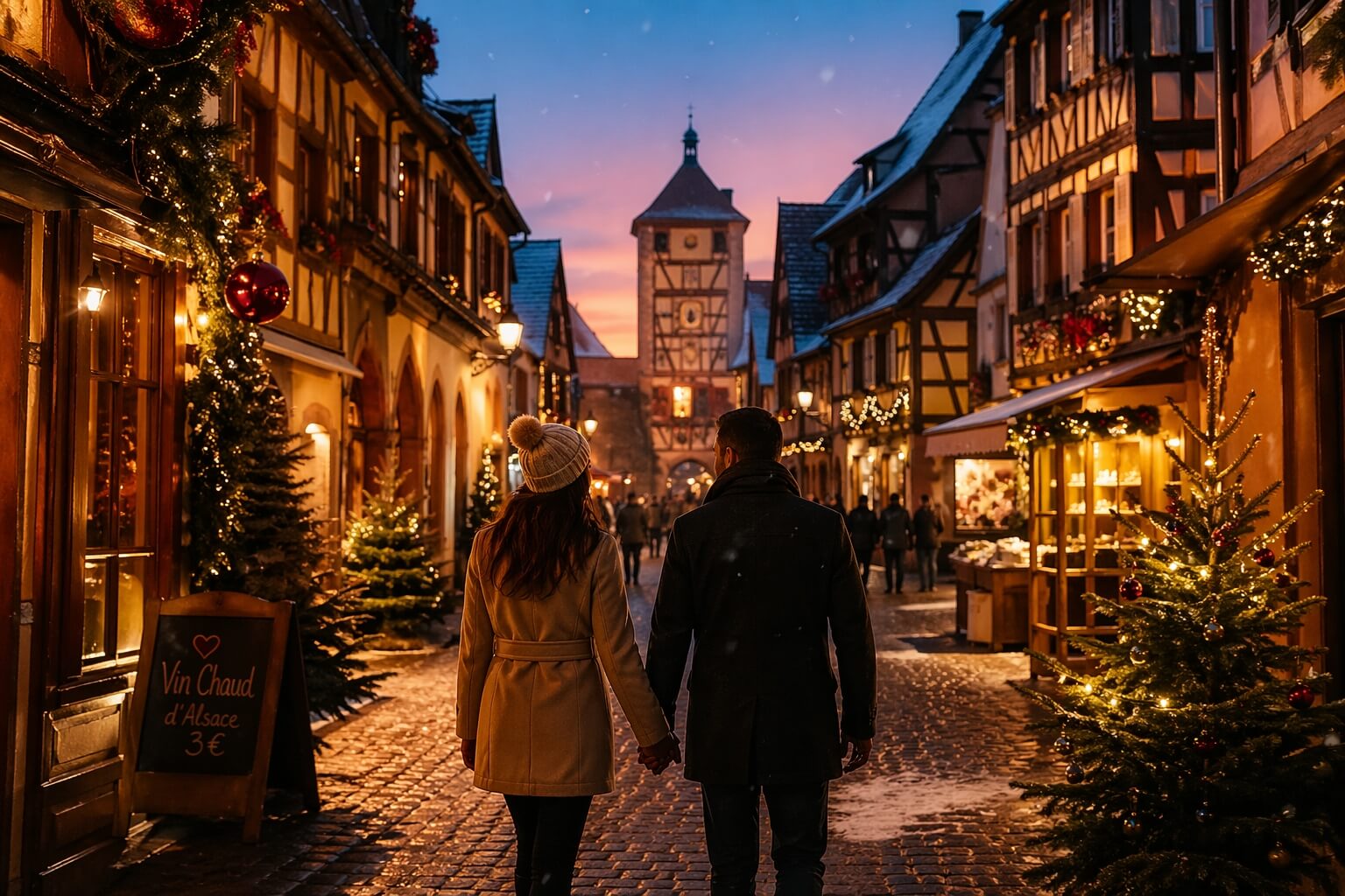 Couple se promenant dans le marché de Noël illuminé de Riquewihr