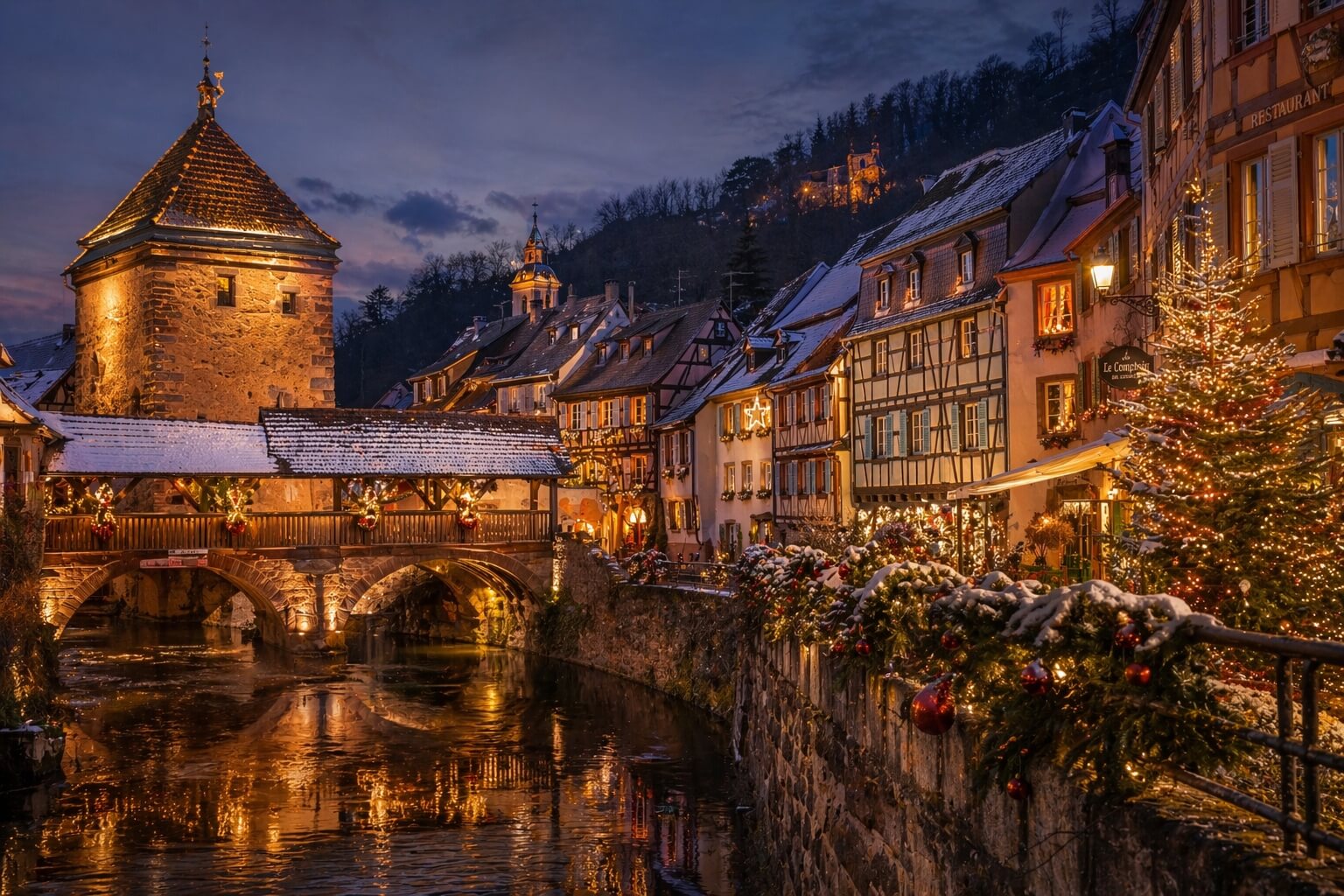 Pont illuminé de Kaysersberg pendant les marchés de Noël