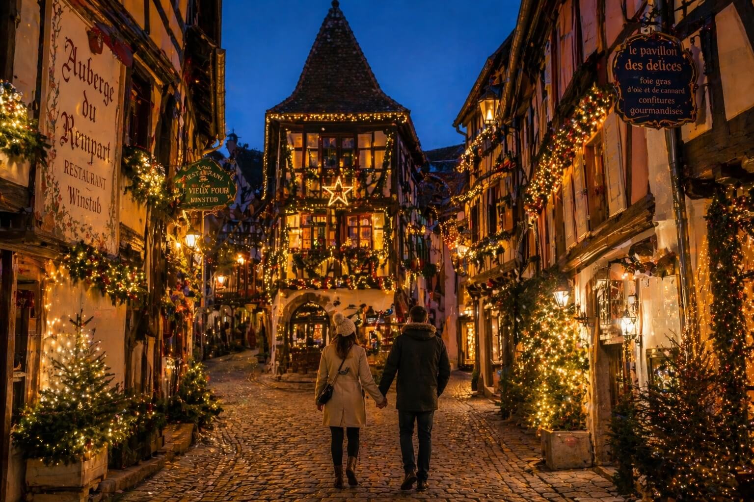 Ruelle décorée de Noël à Eguisheim avec couple