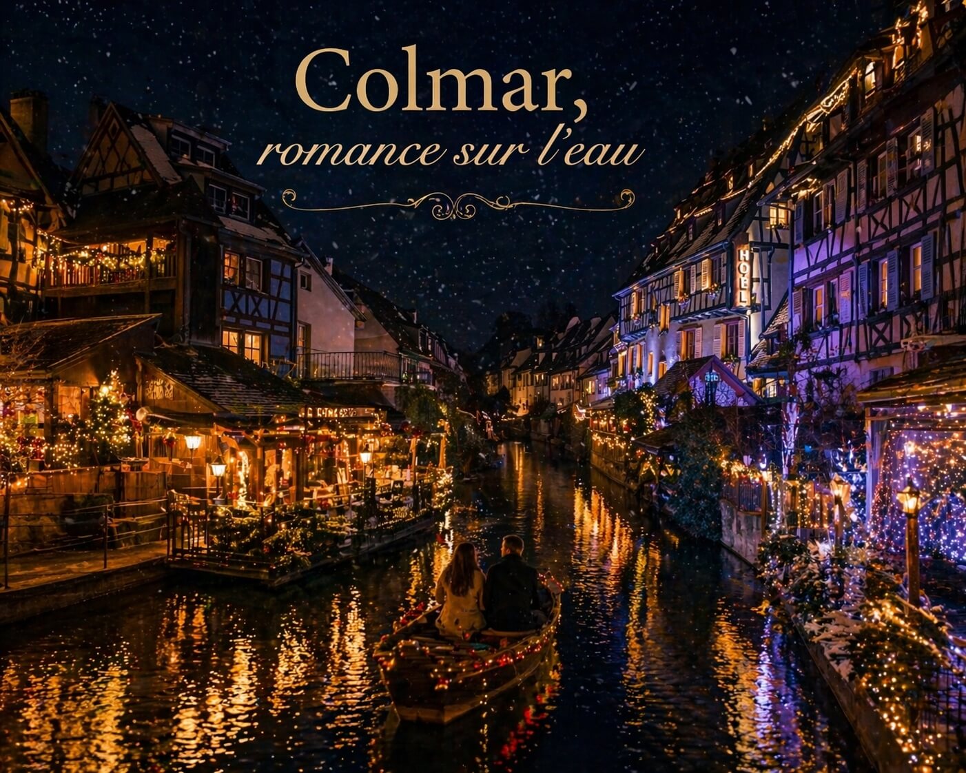 Barque dans la Petite Venise illuminée à Noël