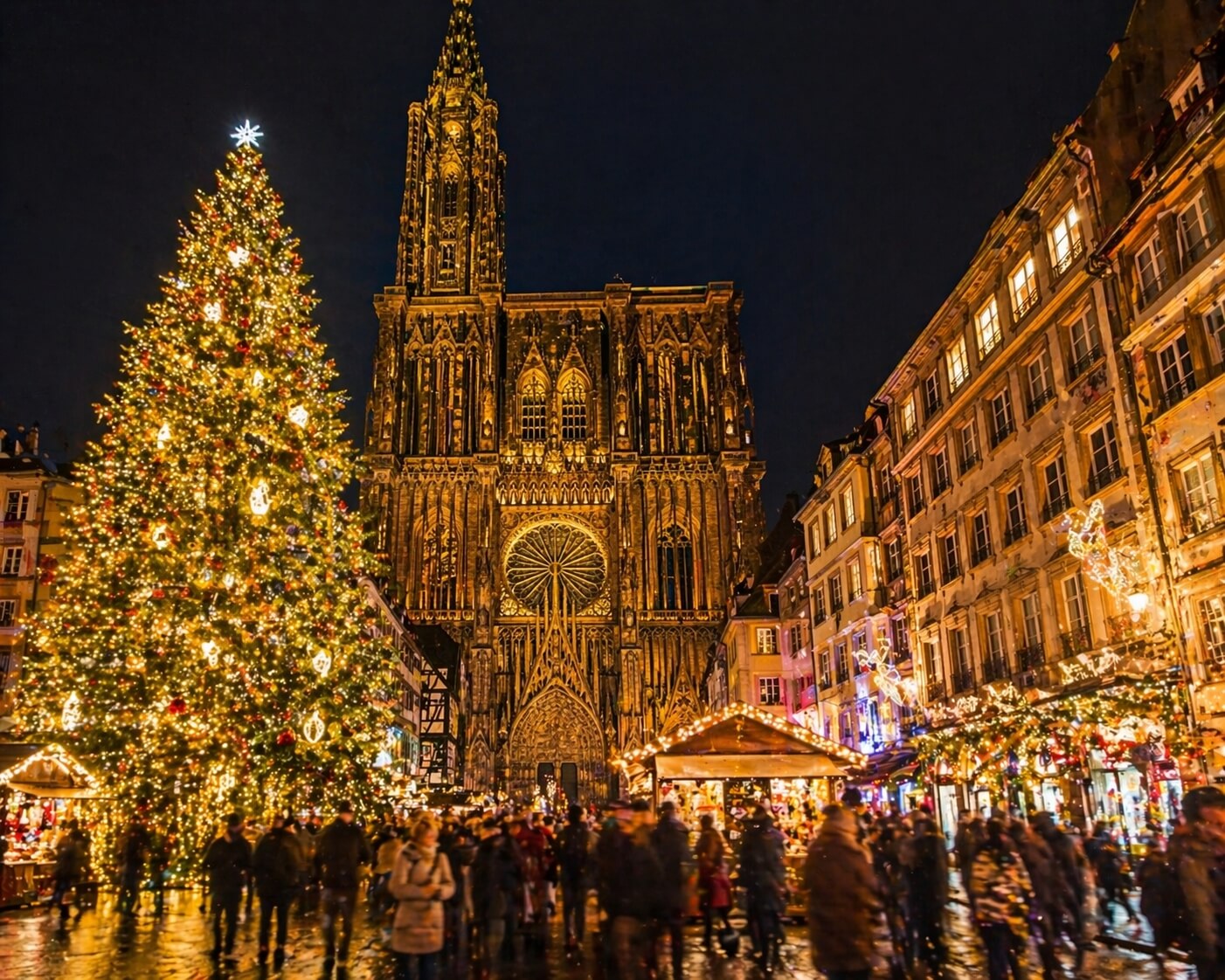 Grand sapin et cathédrale de Strasbourg illuminés