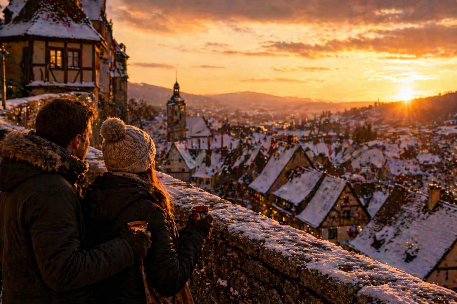 Couple avec vin chaud face aux toits enneigés d’Alsace