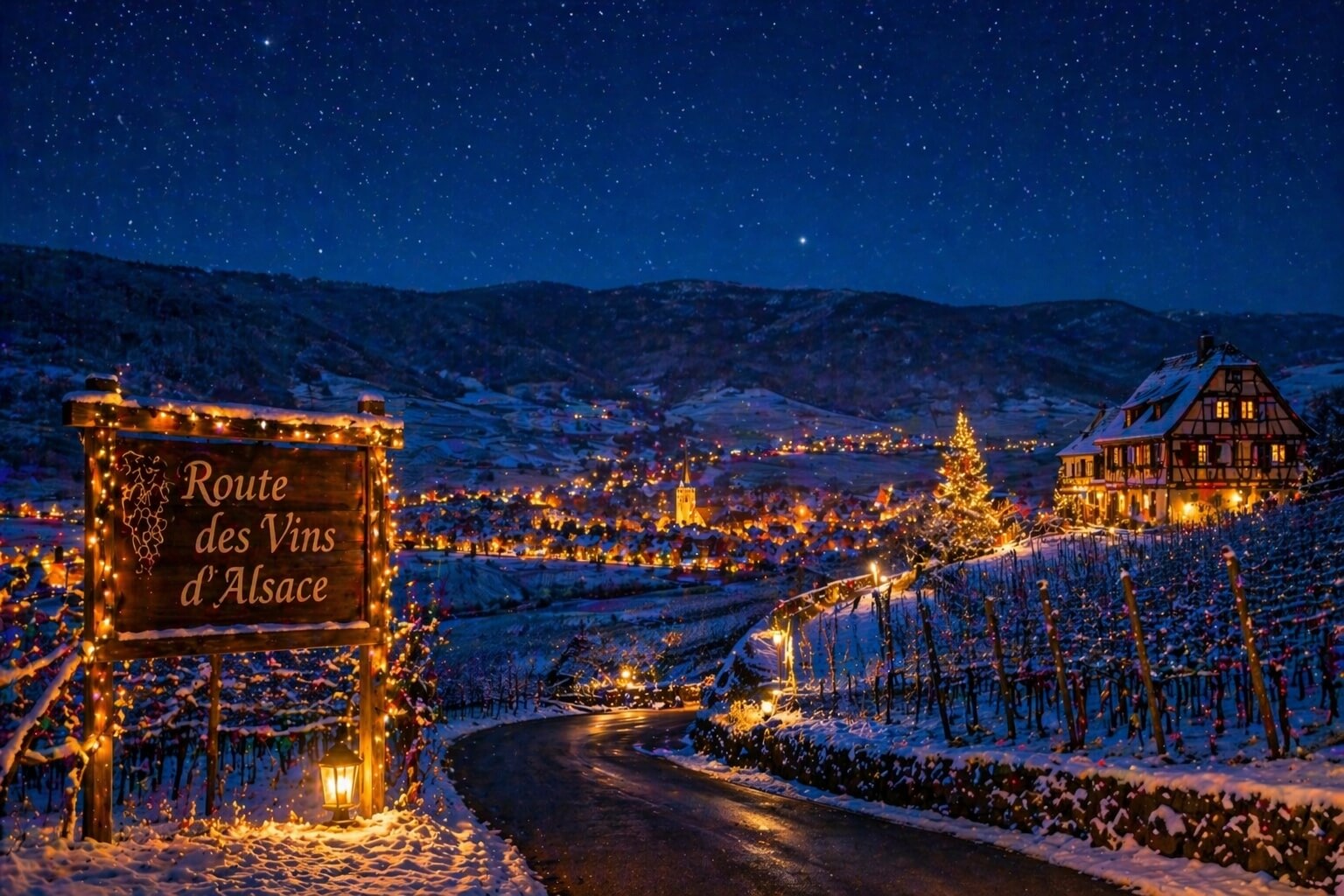 Paysage hivernal de la Route des Vins avec villages illuminés