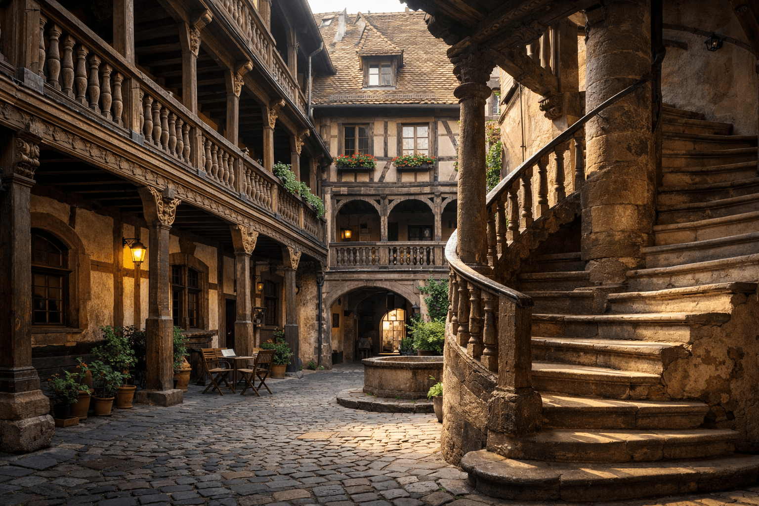 Cour intérieure Renaissance à Strasbourg, avec galeries en bois sculpté, escalier ancien et lumière douce du matin.