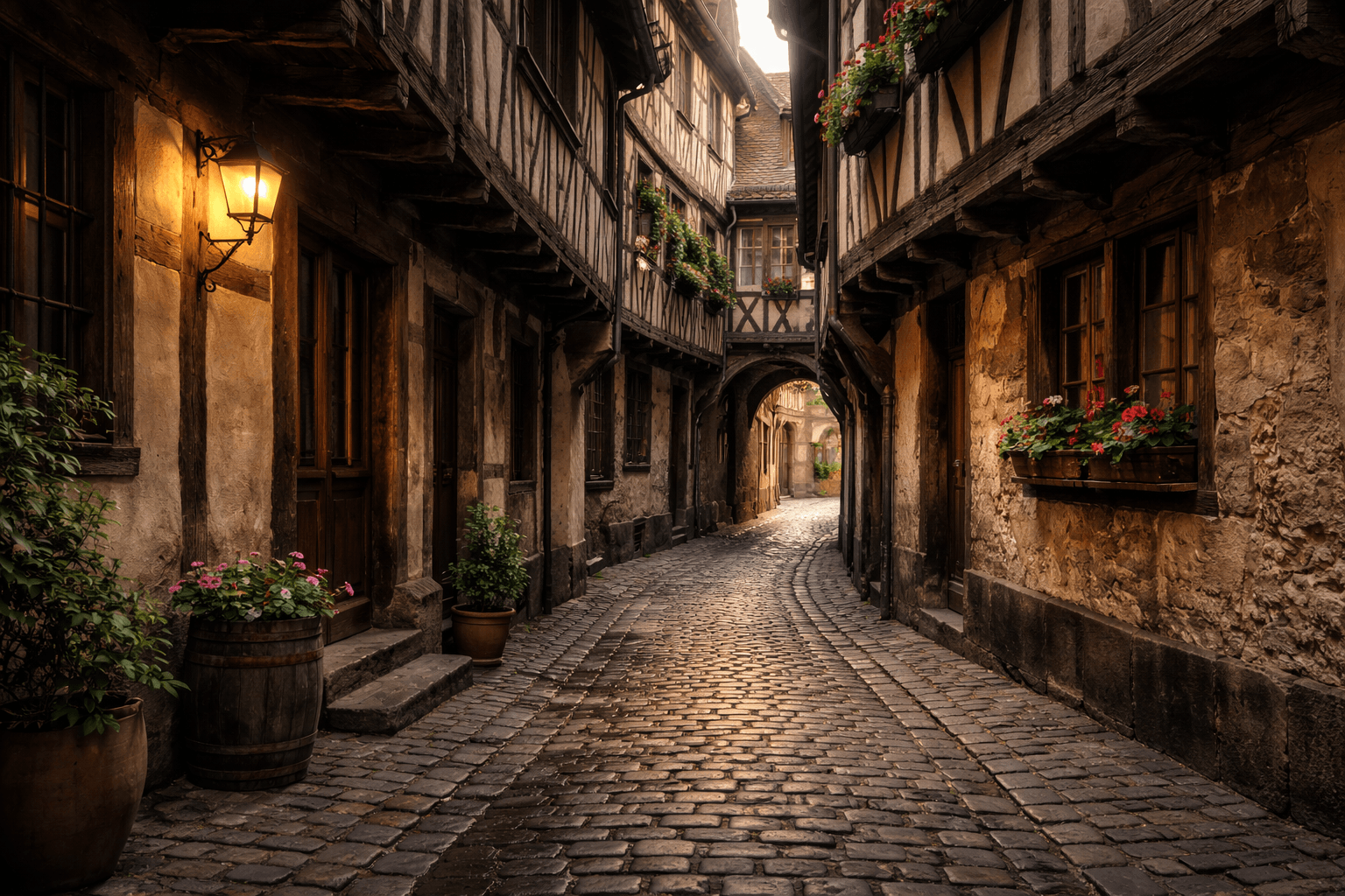 Passage étroit pavé entre deux maisons à colombages dans le quartier de la Petite France à Strasbourg.