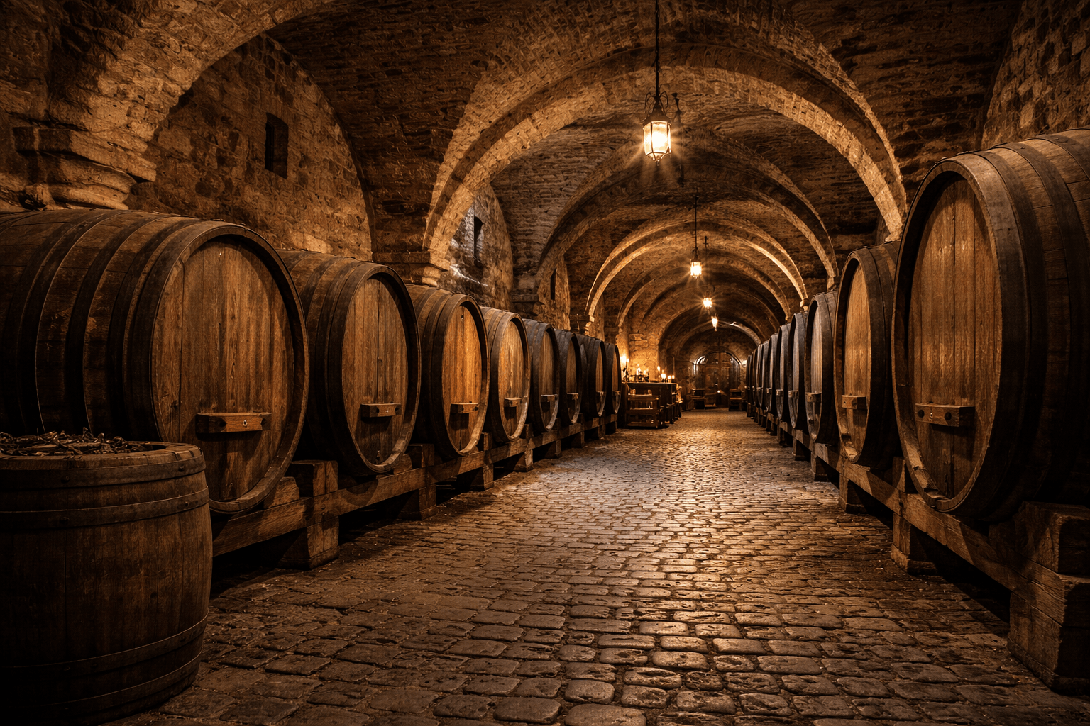 Cave voûtée médiévale en pierre avec grands tonneaux en bois dans les Hospices de Strasbourg.