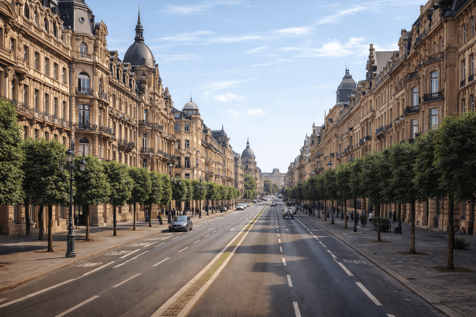Grande avenue de la Neustadt à Strasbourg bordée d’immeubles monumentaux et d’arbres alignés.