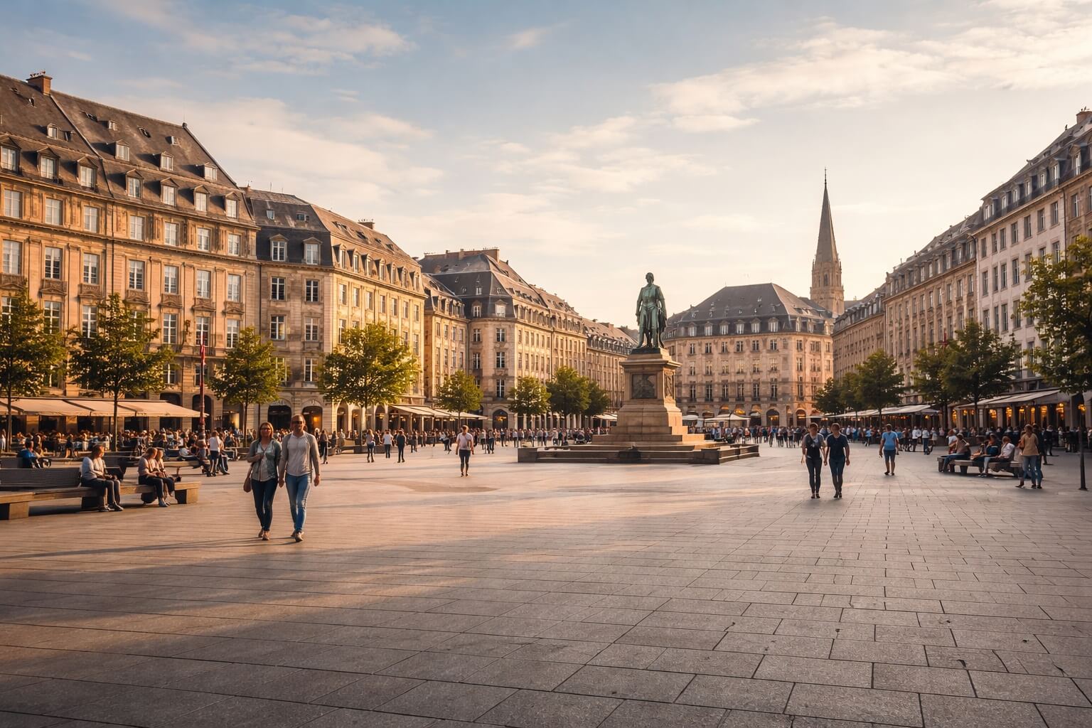 Vue large de la Place Kléber à Strasbourg avec son esplanade piétonne, ses façades monumentales et des passants dans le centre-ville.