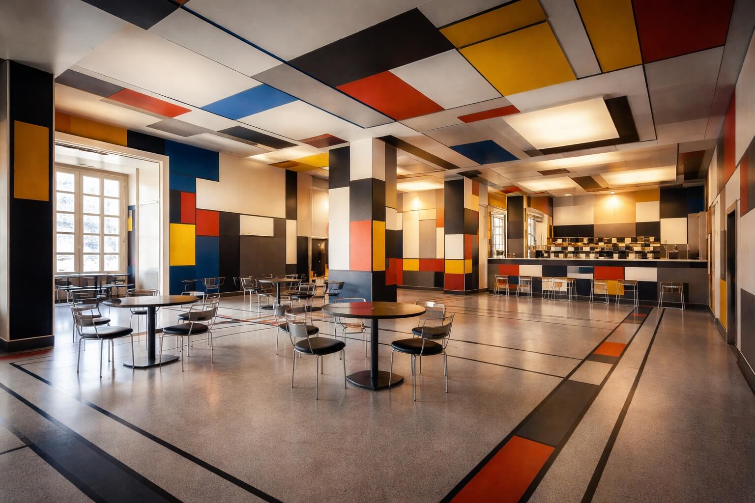Salle restaurée de l’Aubette 1928 avec décors géométriques et ambiance d’art moderne à Strasbourg.
