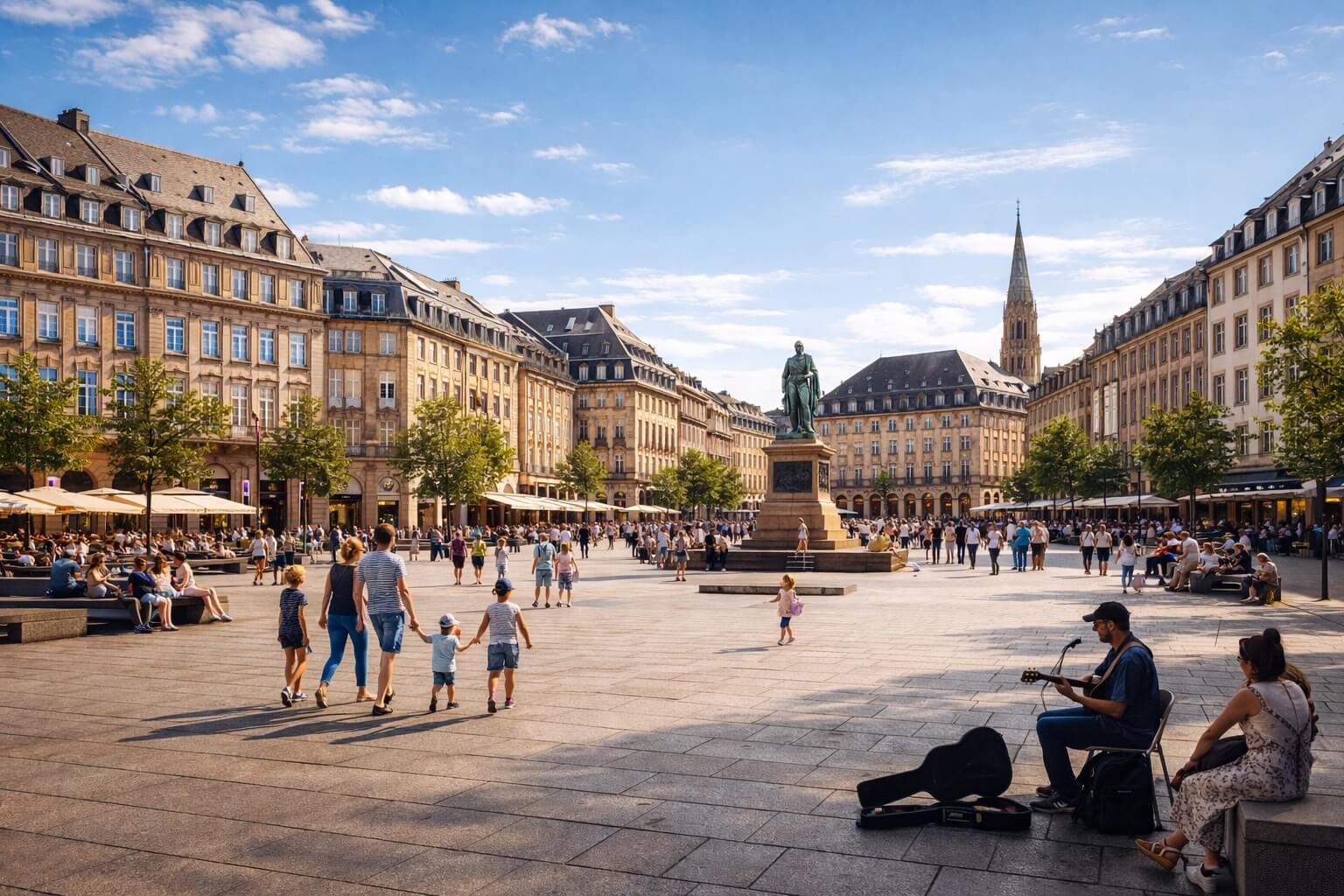 Place Kléber animée en été avec terrasses, promeneurs et ambiance conviviale au cœur de Strasbourg.