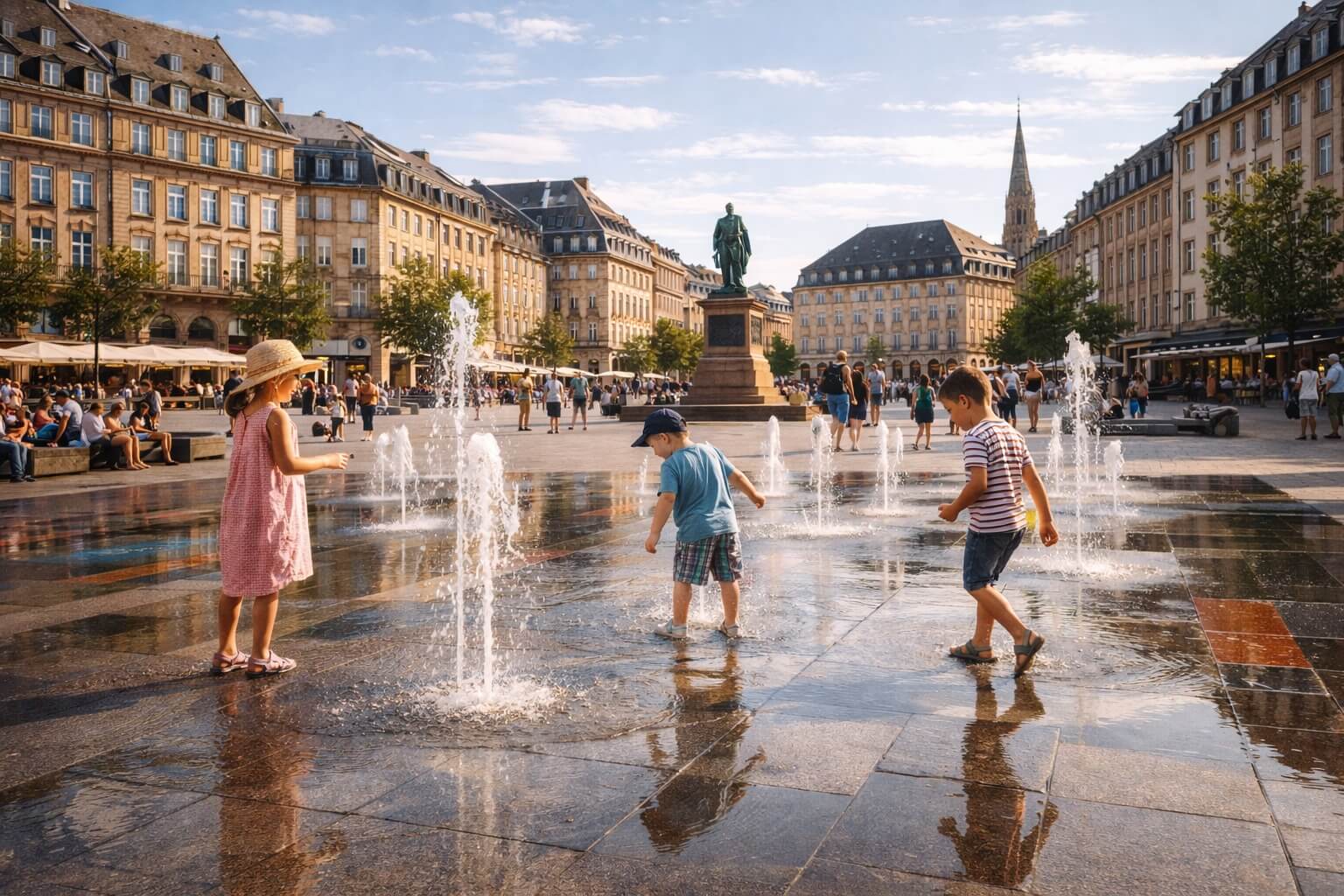Jets d’eau au sol sur la Place Kléber avec une ambiance familiale et animée.
