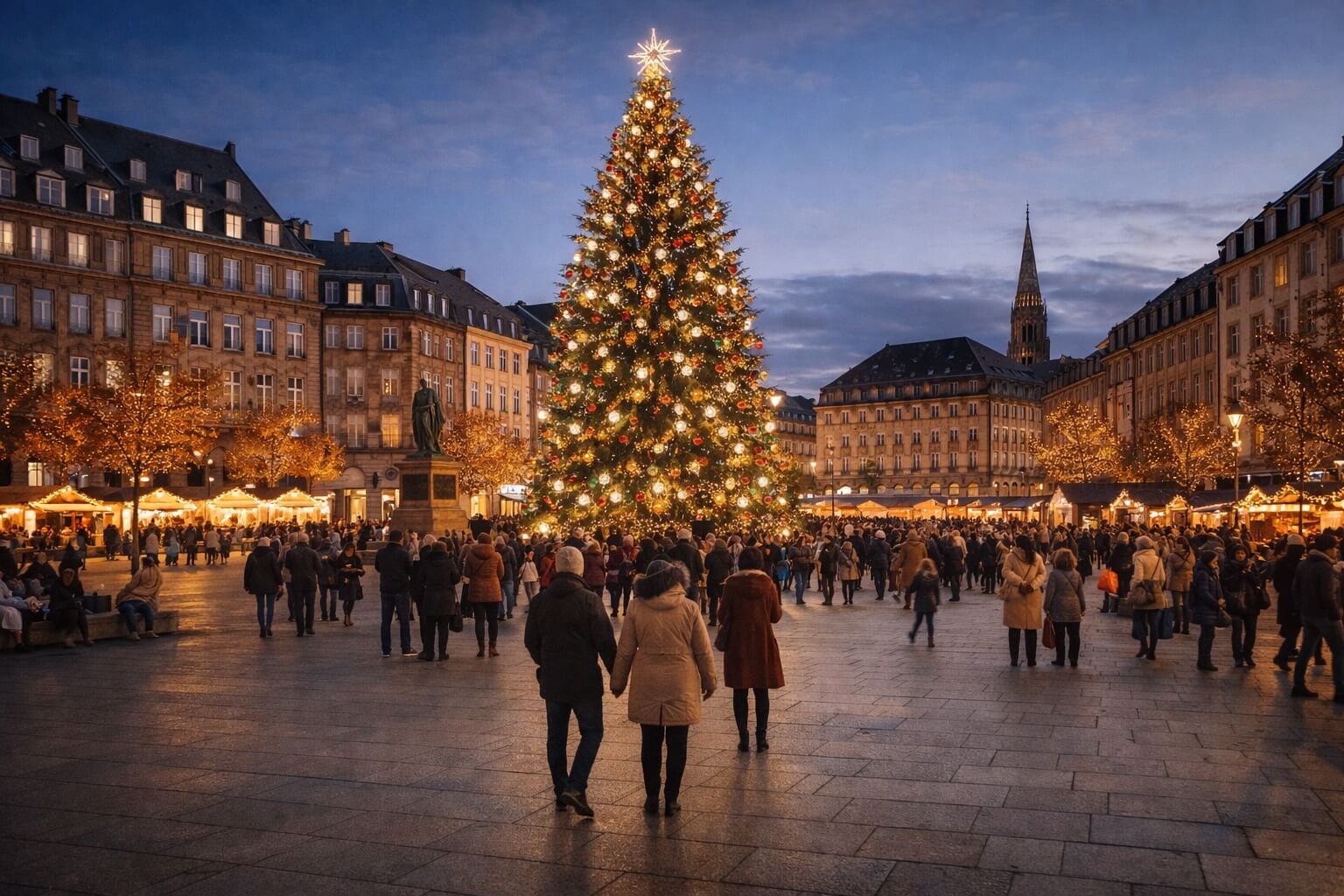 Grand sapin de Noël illuminé sur la Place Kléber à Strasbourg pendant les fêtes.