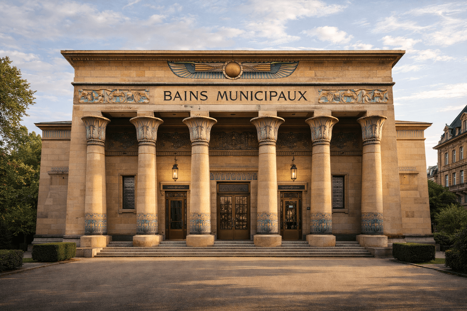 Façade néo-égyptienne des Bains municipaux de Strasbourg avec colonnes décoratives et motifs inspirés de l’Égypte.