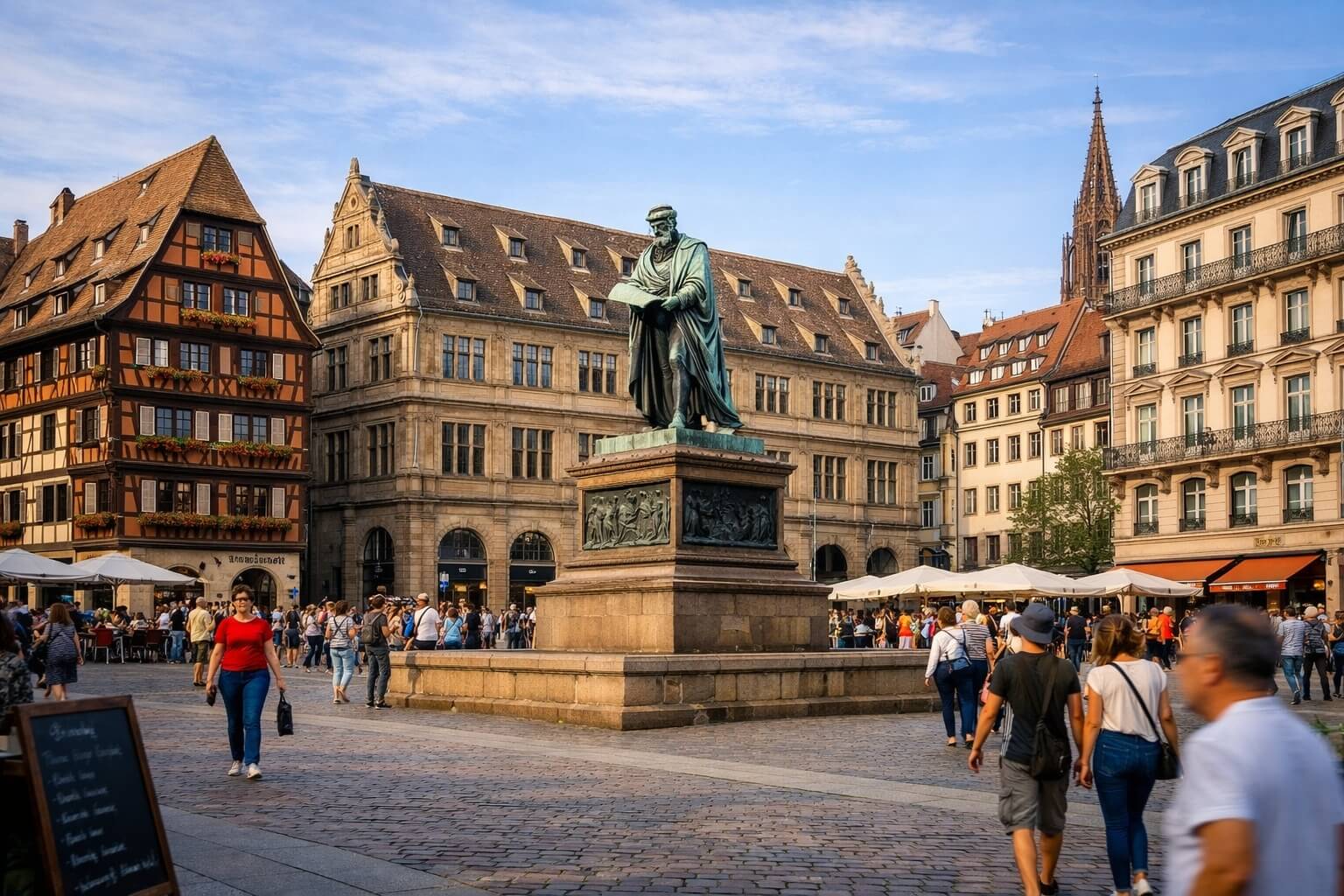 Vue panoramique de la place Gutenberg à Strasbourg avec la statue au centre et les façades historiques autour.