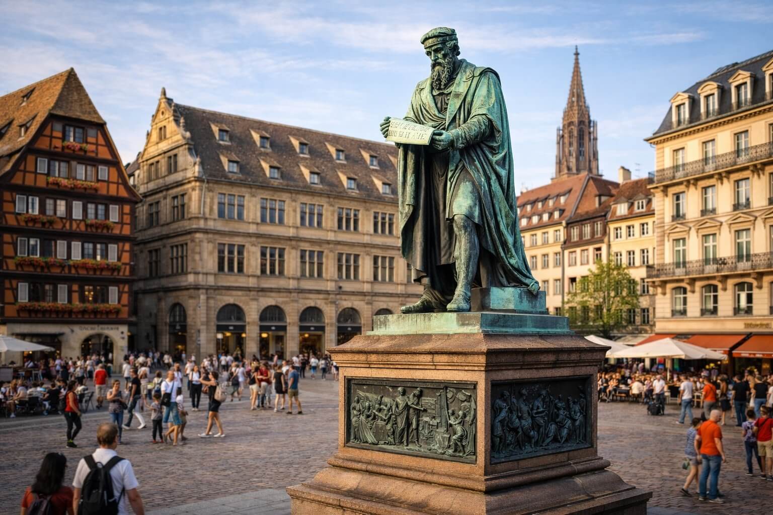 Statue de Gutenberg au centre de la place, entourée de passants et de bâtiments historiques à Strasbourg.