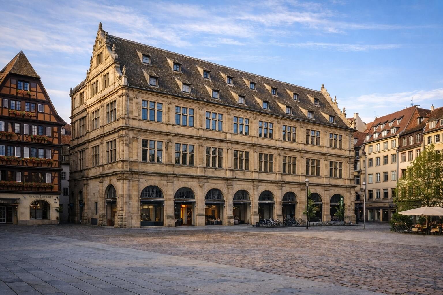 Façade du Neubau sur la place Gutenberg, bâtiment Renaissance emblématique de Strasbourg.