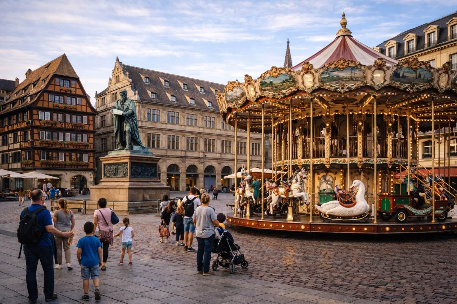 Carrousel installé sur la place Gutenberg avec des familles et les bâtiments historiques en arrière-plan.