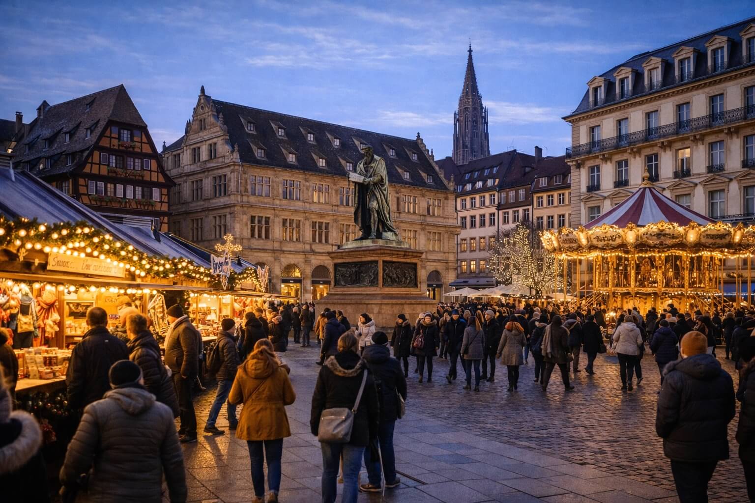 Place Gutenberg décorée pour le marché de Noël avec chalets, illuminations et ambiance festive.