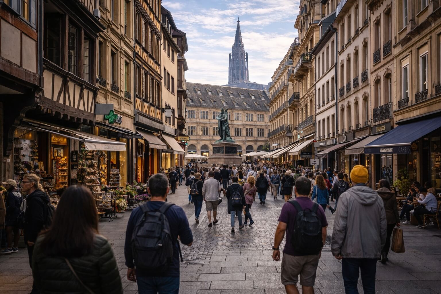 Rue commerçante du centre de Strasbourg menant vers la place Gutenberg avec passants et façades historiques.