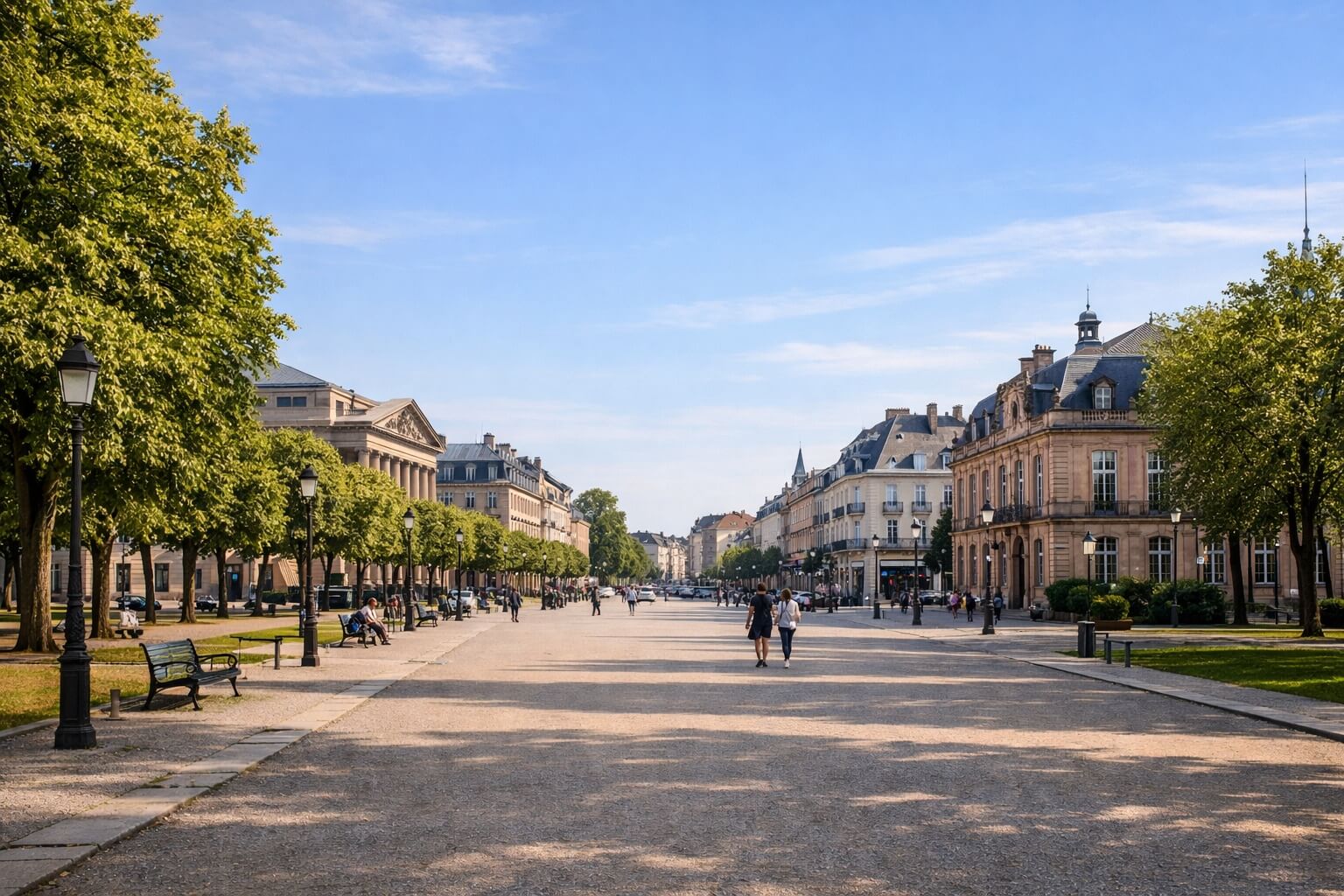 Vue d’ensemble de la place Broglie à Strasbourg avec son esplanade allongée, ses arbres alignés et ses façades historiques.