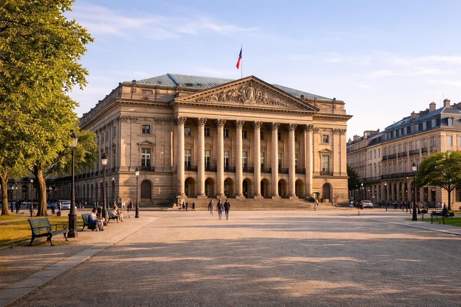 Façade de l’Opéra national du Rhin sur la place Broglie à Strasbourg, vue large en lumière douce.