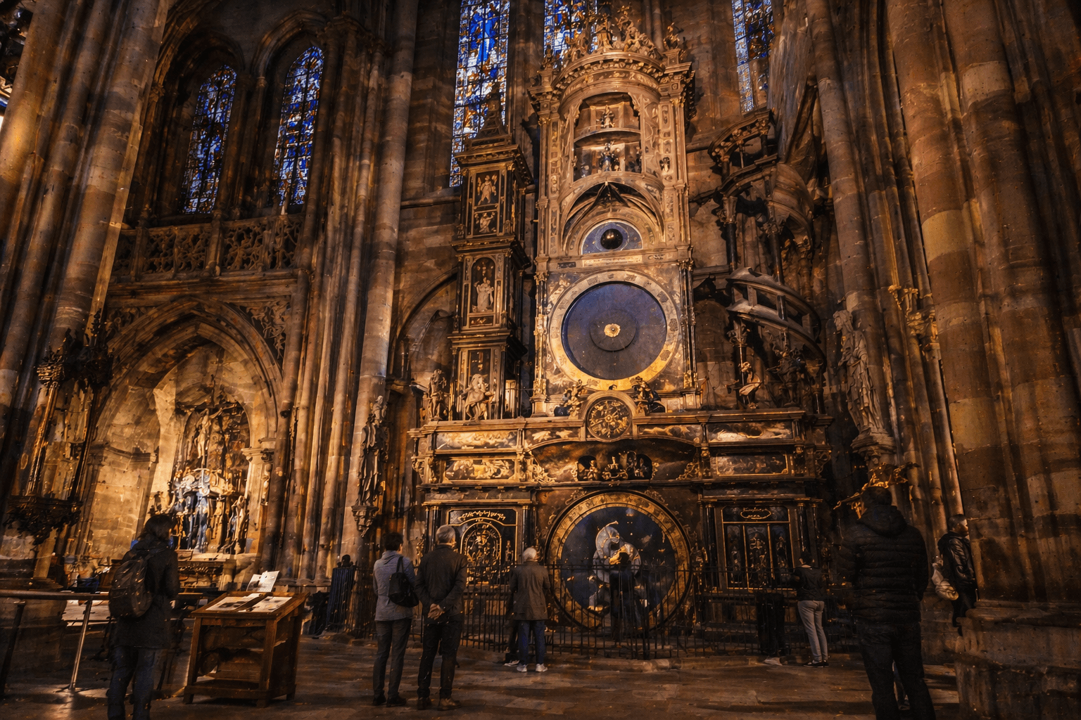 Intérieur de la cathédrale de Strasbourg avec l’horloge astronomique et une lumière tamisée spectaculaire.