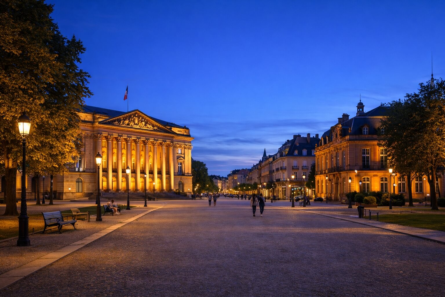 La place Broglie à Strasbourg en soirée avec l’opéra éclairé et les façades historiques illuminées.