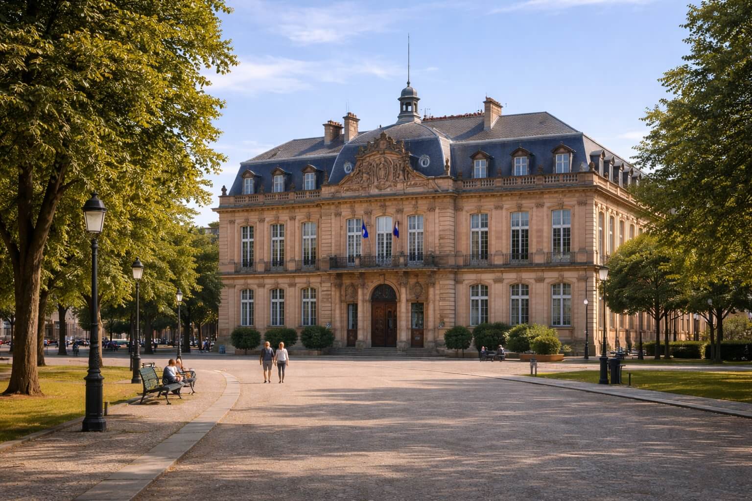 Façade de l’Hôtel de Ville de Strasbourg sur la place Broglie avec arbres et perspective urbaine.