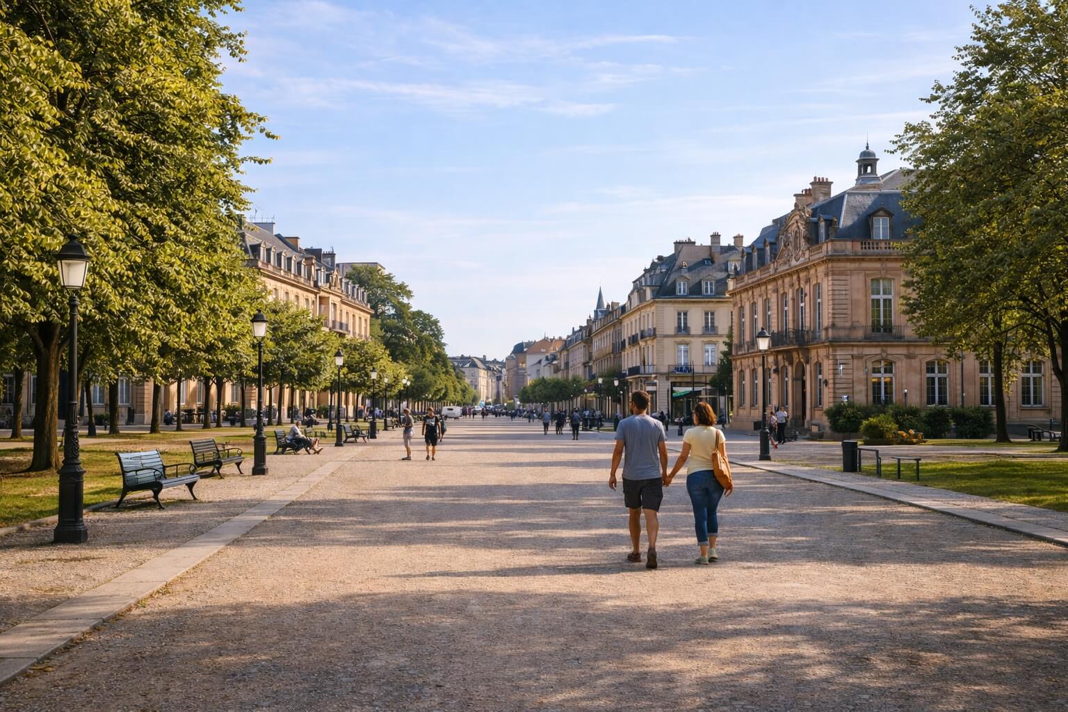 Promeneurs sur la place Broglie à Strasbourg dans une ambiance calme et élégante.
