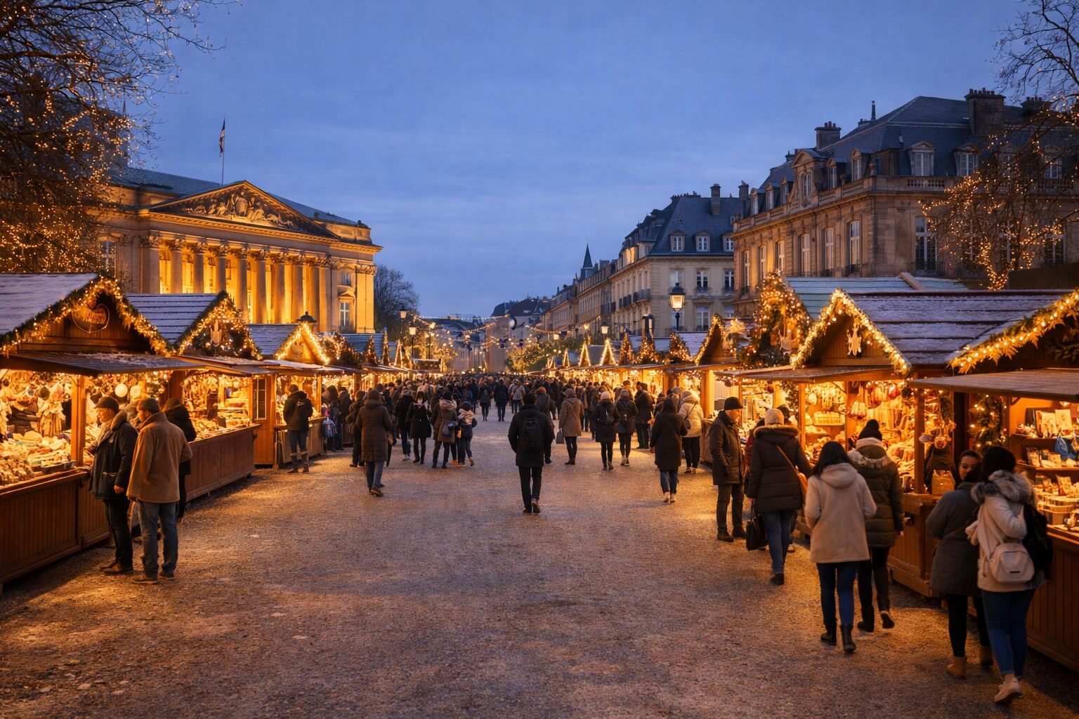 Le marché de Noël sur la place Broglie à Strasbourg avec chalets, illuminations et façades historiques.