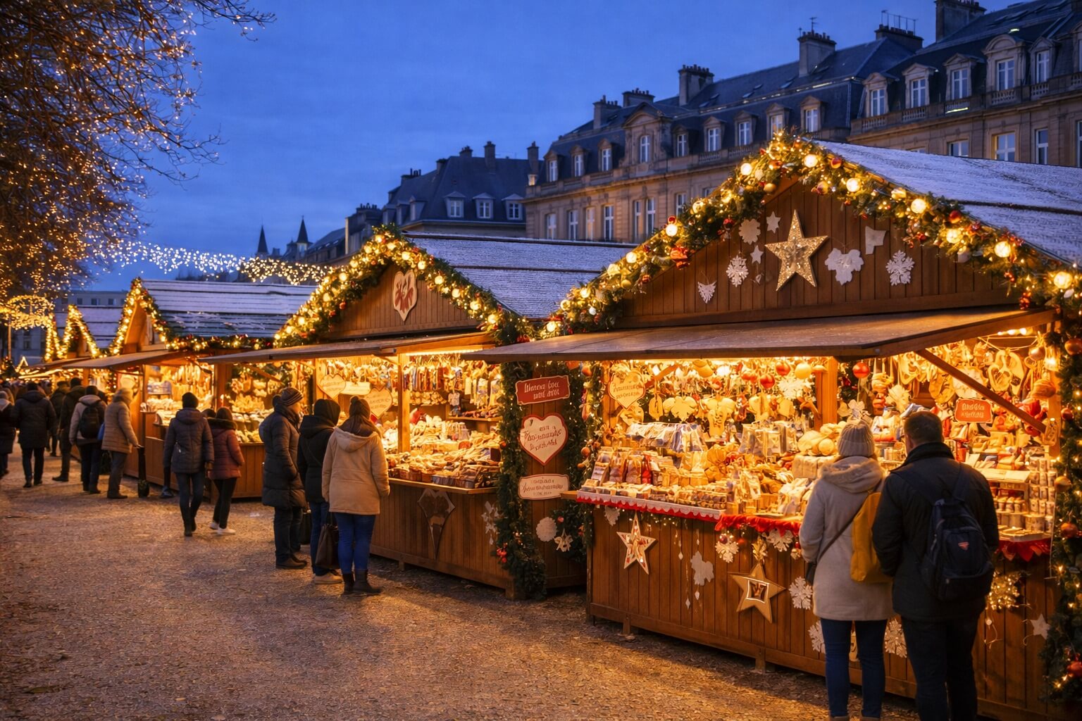 Chalets et décorations du Christkindelsmärik sur la place Broglie à Strasbourg.