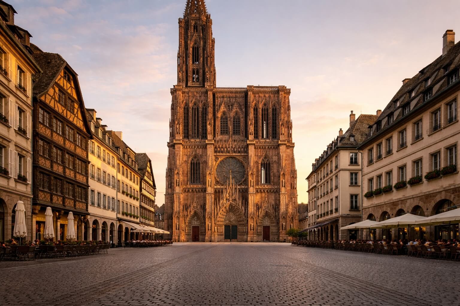 Vue d’ensemble de la place de la Cathédrale à Strasbourg avec la façade de la cathédrale et les maisons à colombages.