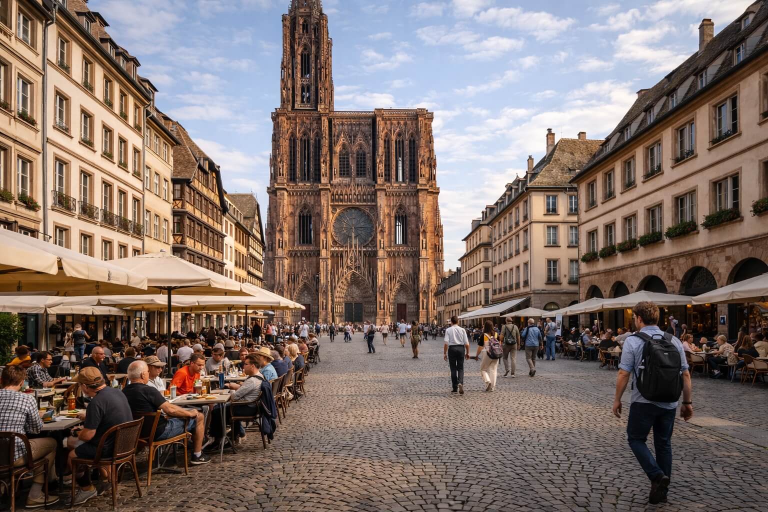 Terrasses et visiteurs sur la place de la Cathédrale avec la cathédrale en arrière-plan.