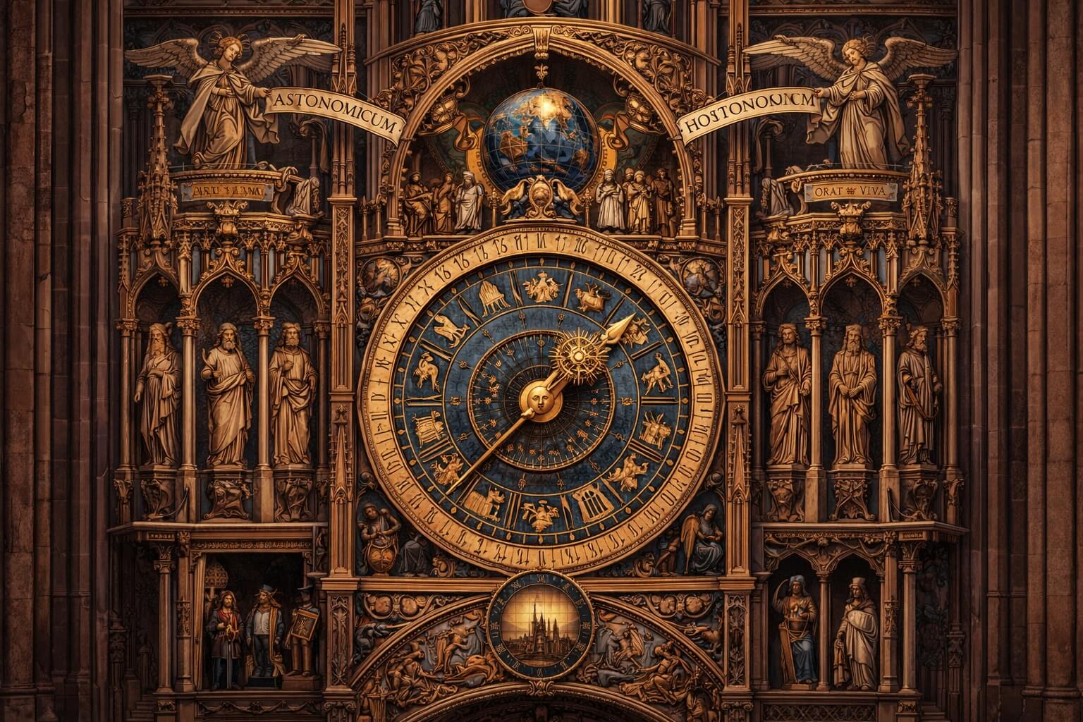 Vue intérieure de l’horloge astronomique de la cathédrale Notre-Dame de Strasbourg, avec son grand cadran, ses automates et ses décors sculptés, en composition paysage.