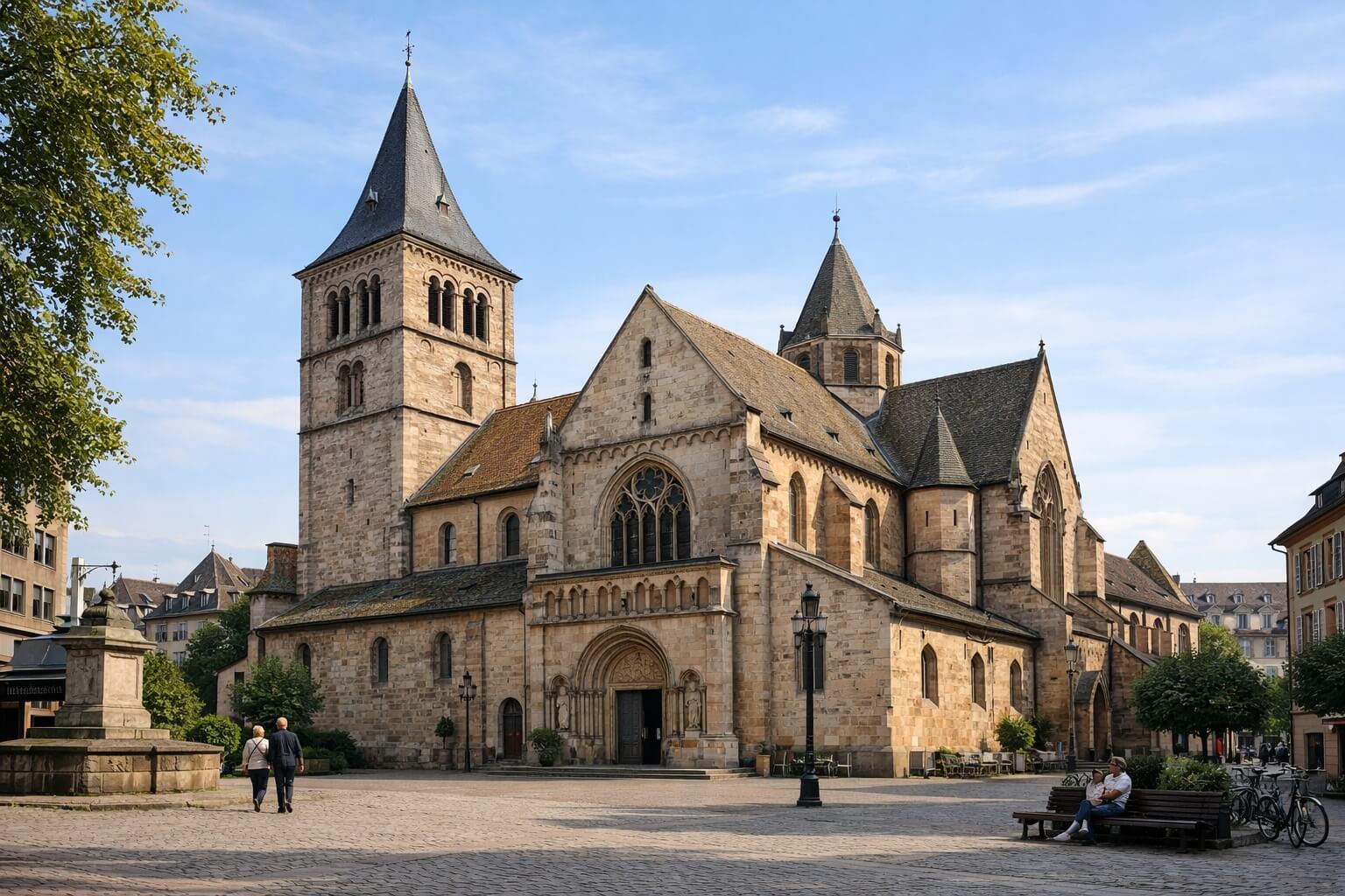 Vue extérieure de l’église protestante Saint-Pierre-le-Jeune à Strasbourg depuis la place, dans une ambiance calme de centre-ville.