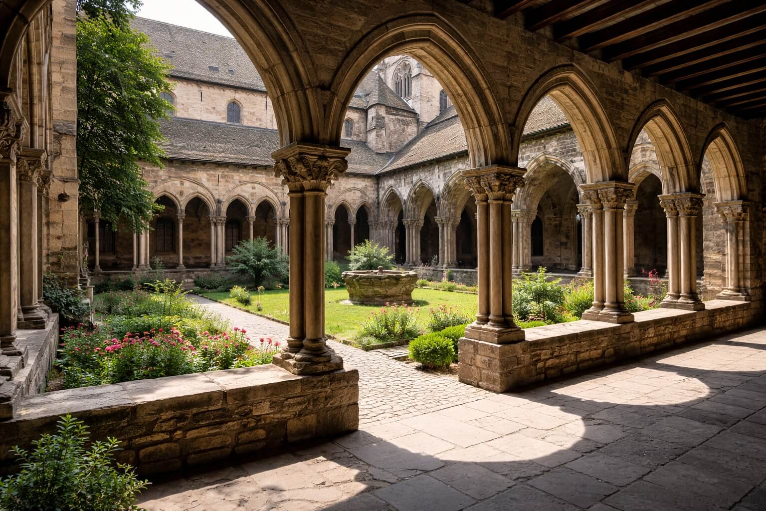 Le cloître de Saint-Pierre-le-Jeune à Strasbourg avec ses galeries anciennes en pierre autour d’un jardin intérieur.