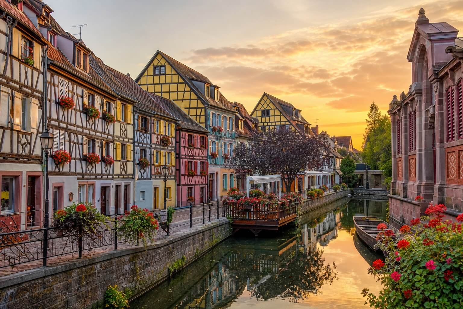 Vue de Colmar avec ses maisons à colombages colorées le long du canal de la Petite Venise en Alsace
