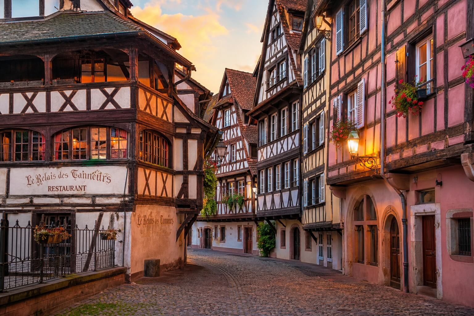 Rue étroite du quartier des Tanneurs à Colmar avec maisons à colombages colorées et étages ouverts sous les toits