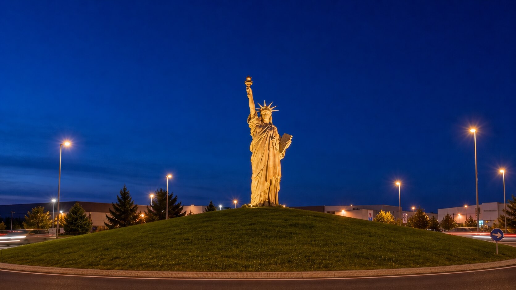 Réplique de la Statue de la Liberté à Colmar sur un rond-point, éclairée la nuit, hommage à Bartholdi