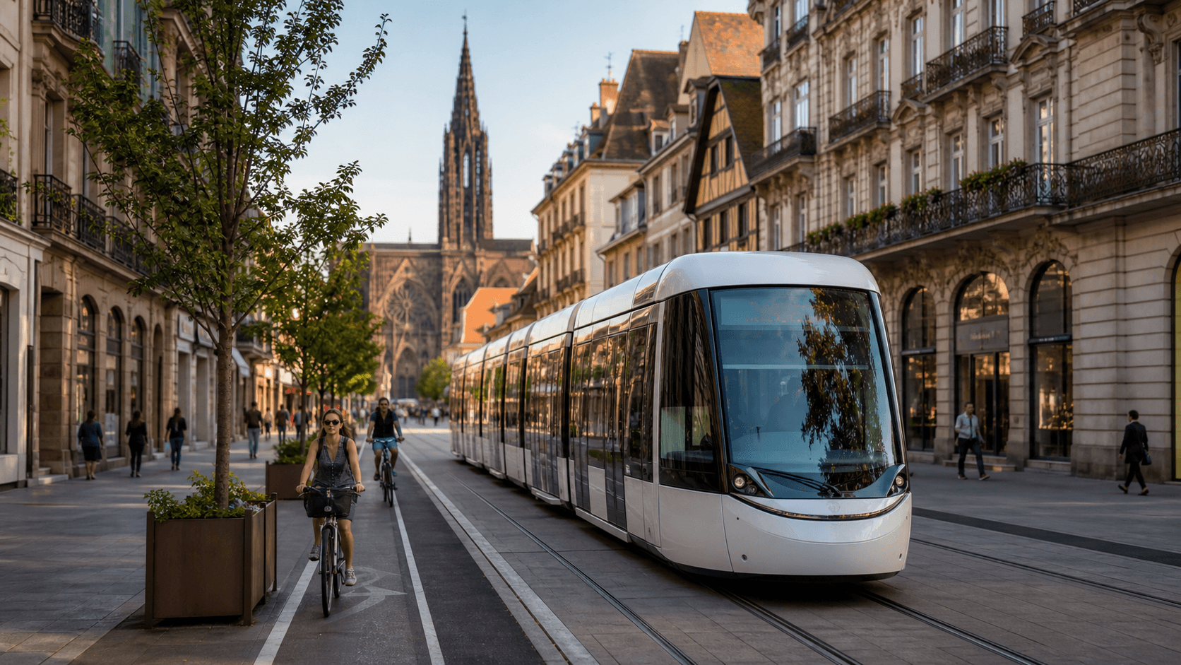 Tramway moderne circulant dans le centre de Strasbourg, avec cyclistes, passants et architecture historique alsacienne en arrière-plan.