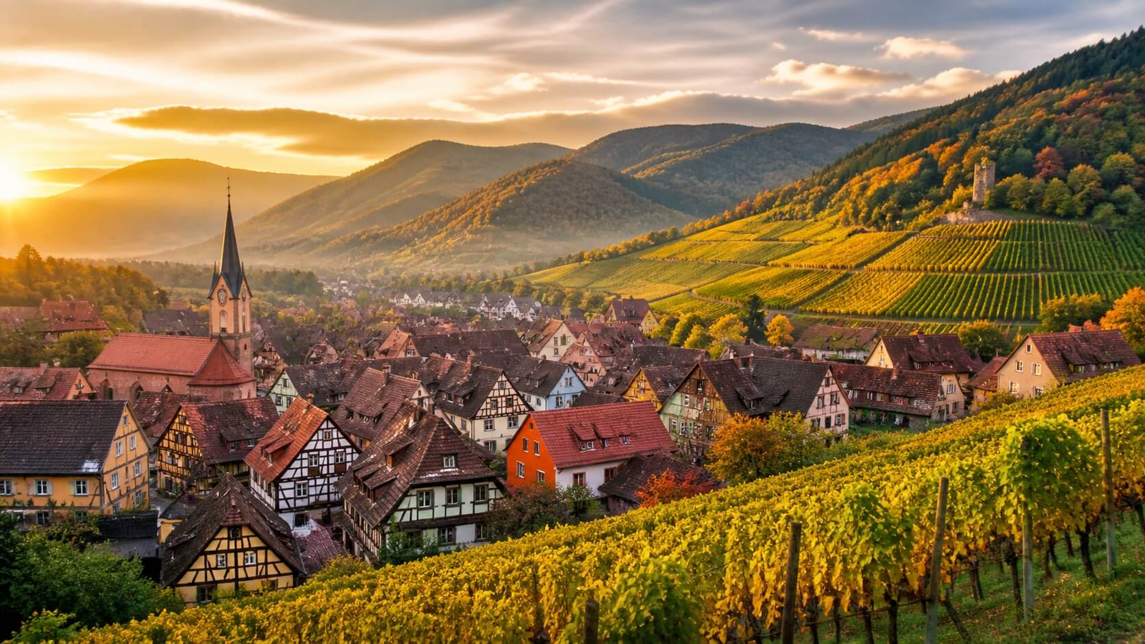 Paysage des régions d’Alsace avec vignobles, villages à colombages et collines des Vosges au coucher du soleil