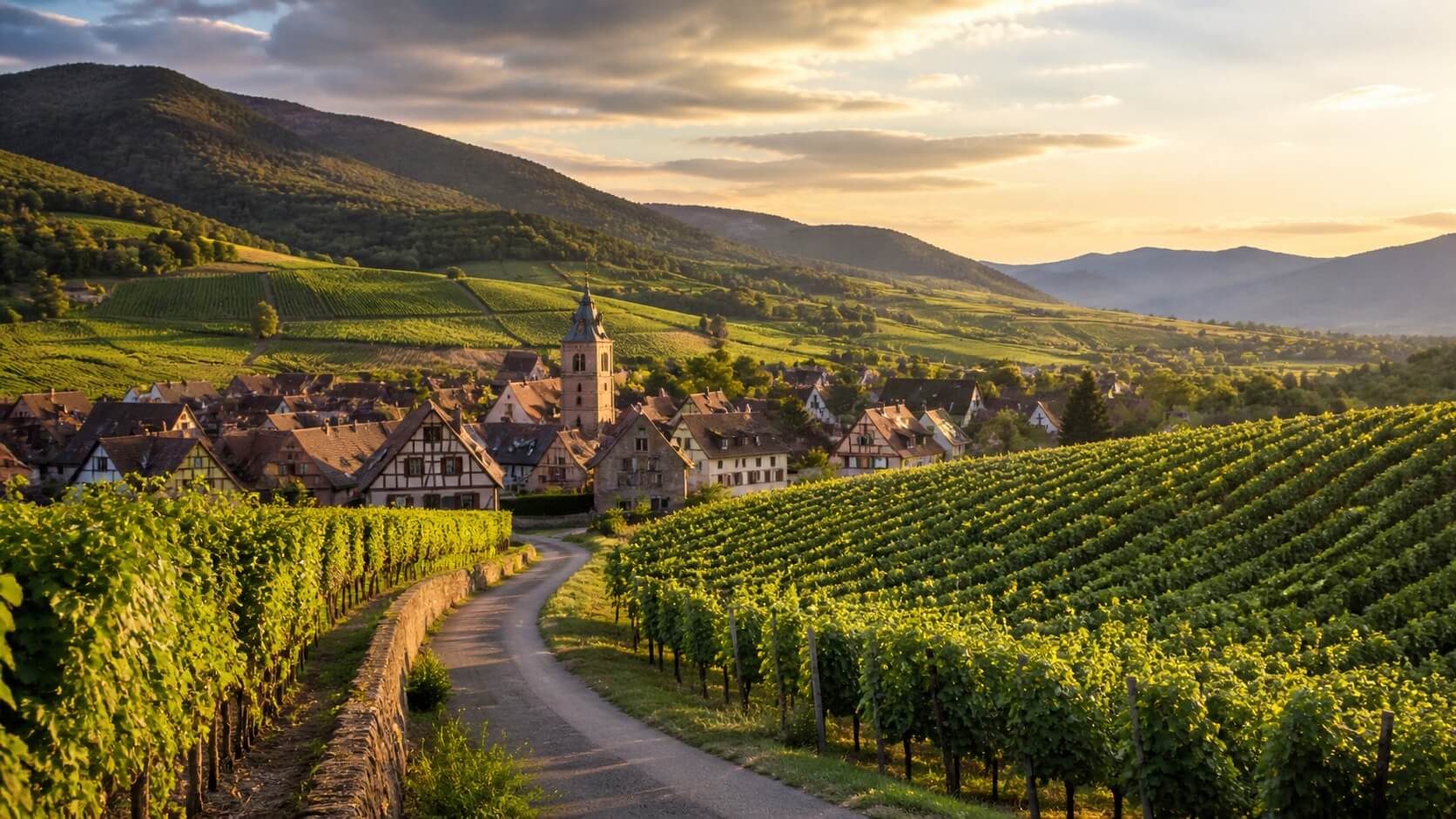 Vue panoramique de la Route des Vins d’Alsace avec vignobles, route sinueuse et village alsacien à colombages en arrière-plan